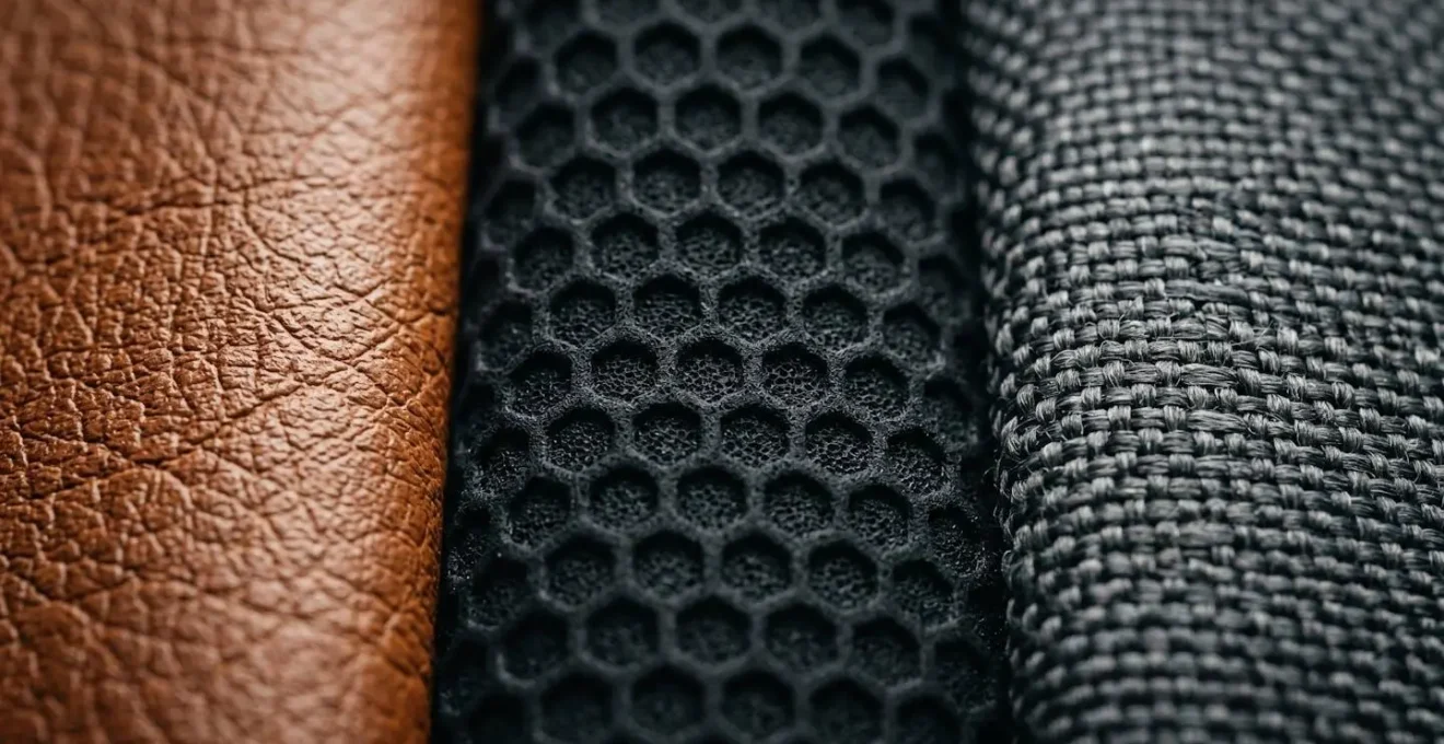 Vue macro détaillée montrant les différentes textures de matériaux pour housses de sièges automobile