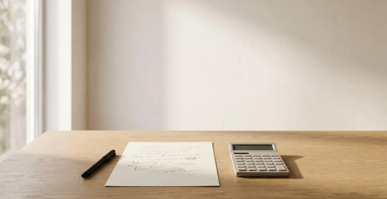 Environnement de travail minimaliste avec des notes et une calculatrice pour comparer des offres d'assurance
