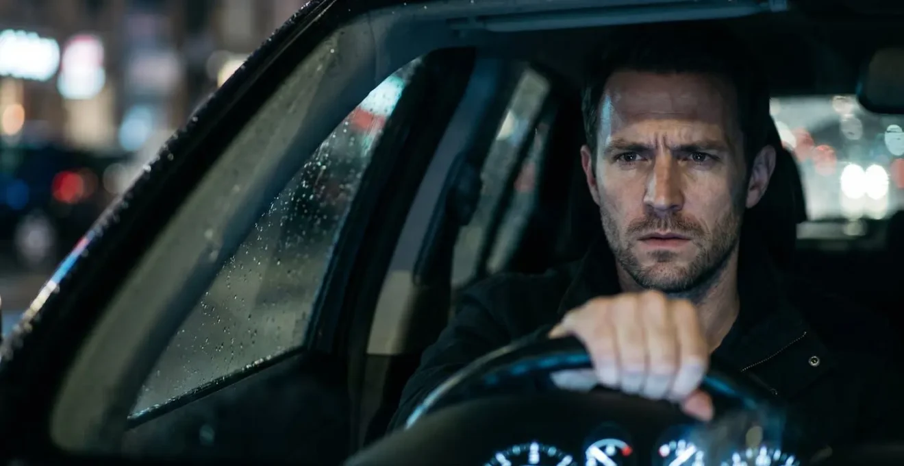 Portrait serré d'un conducteur montrant des signes de fatigue cognitive et de concentration intense, avec un éclairage dramatique soulignant l'expression faciale