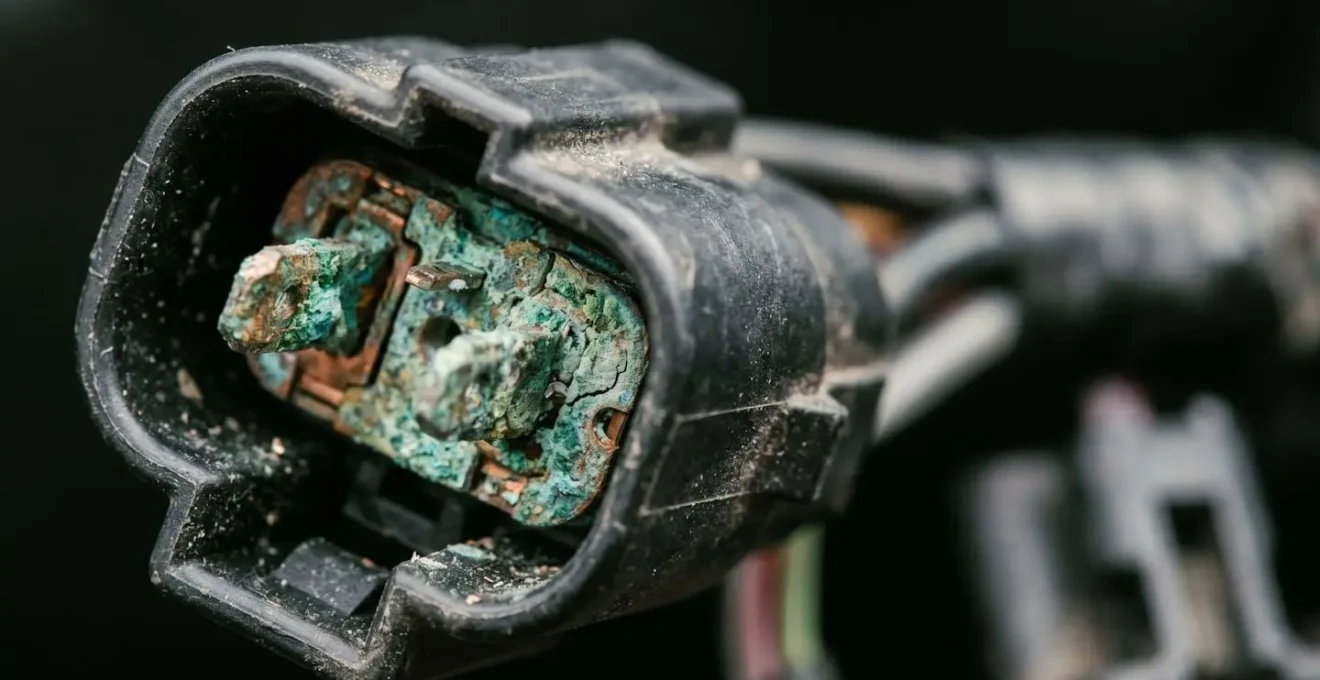 Macro photographie d'un connecteur électrique de feu arrière montrant l'oxydation et la corrosion des contacts