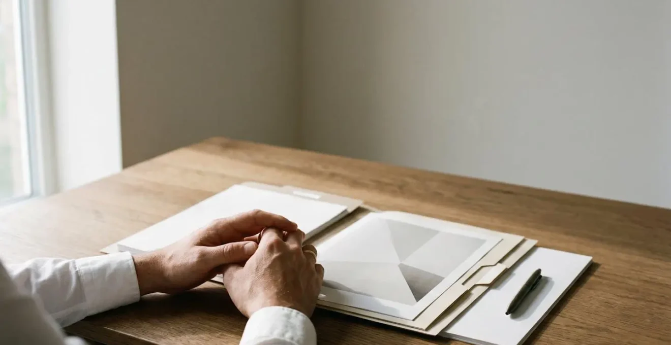 Personne réfléchissant devant des documents administratifs sur une table minimaliste