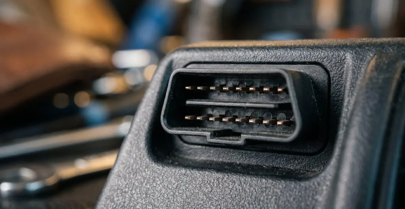 Gros plan d'une prise de diagnostic automobile symbolisant la détection de modifications non déclarées