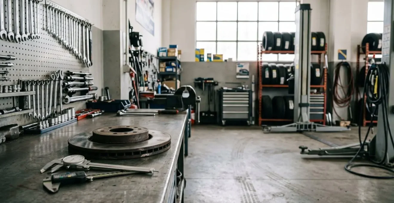 Environnement de garage professionnel montrant l'inspection d'un disque de frein avec mise en avant des outils de mesure