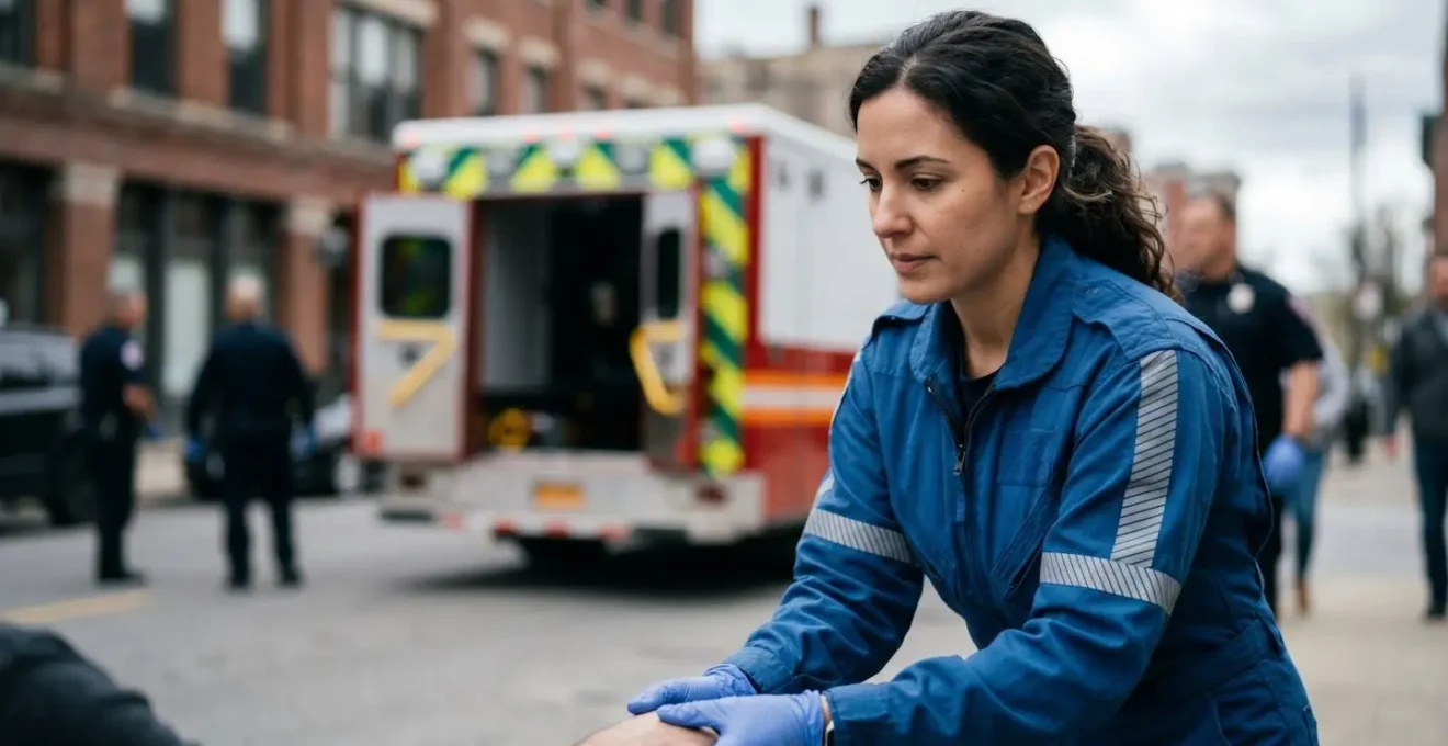 Scène illustrant les conséquences d'un accident avec intervention des secours et dommages matériels visibles