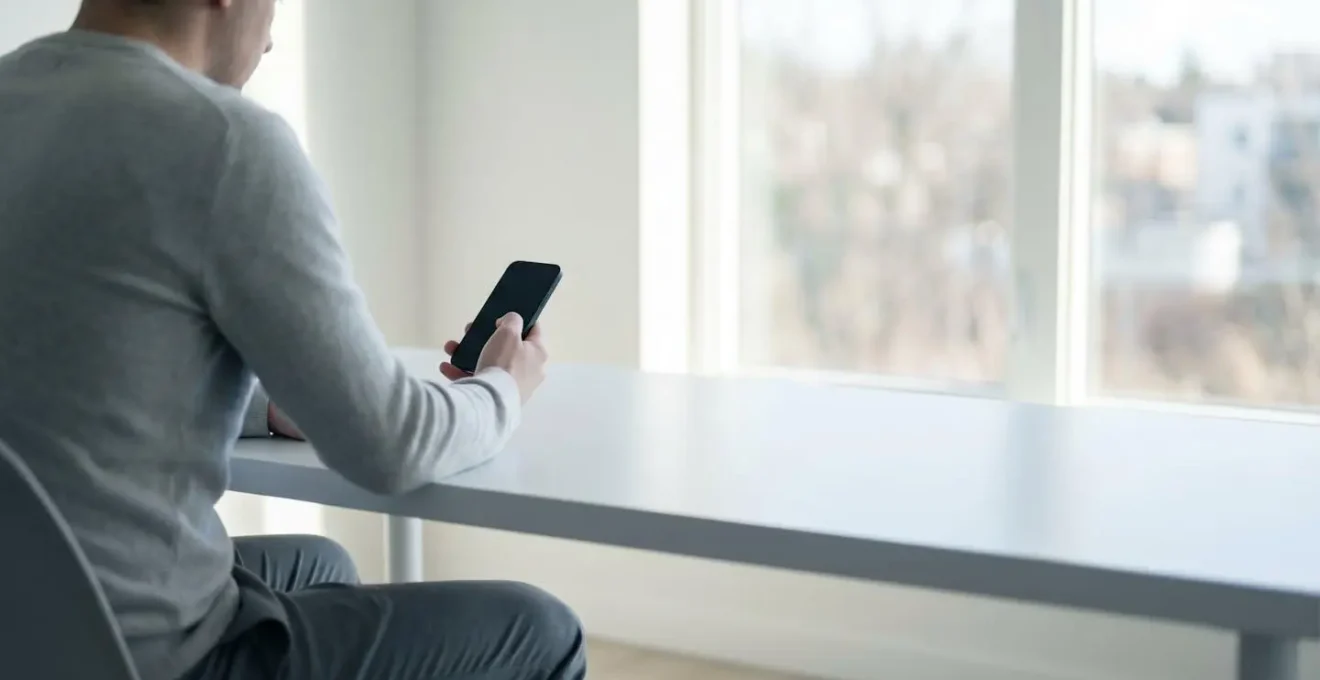 Personne consultant son téléphone avec inquiétude dans un environnement minimaliste épuré