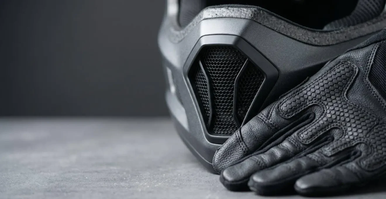 Équipements de protection pour trottinette électrique, incluant un casque et des gants, disposés sur une surface neutre