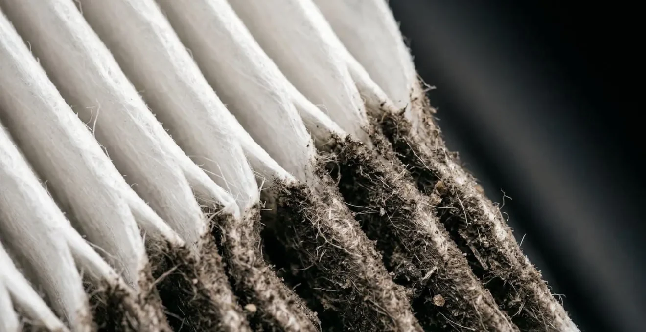 Vue macro d'un filtre à air automobile montrant les détails de l'encrassement et des particules