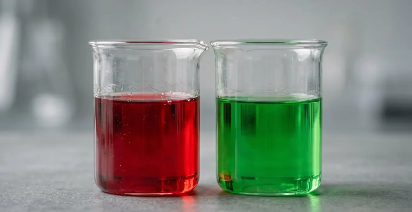 Gros plan macro sur des fluides hydrauliques de direction assistée de couleurs rouge et verte dans des récipients en verre