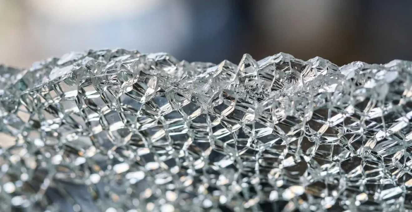 Détail macro d'un impact sur pare-brise montrant la texture du verre fissuré