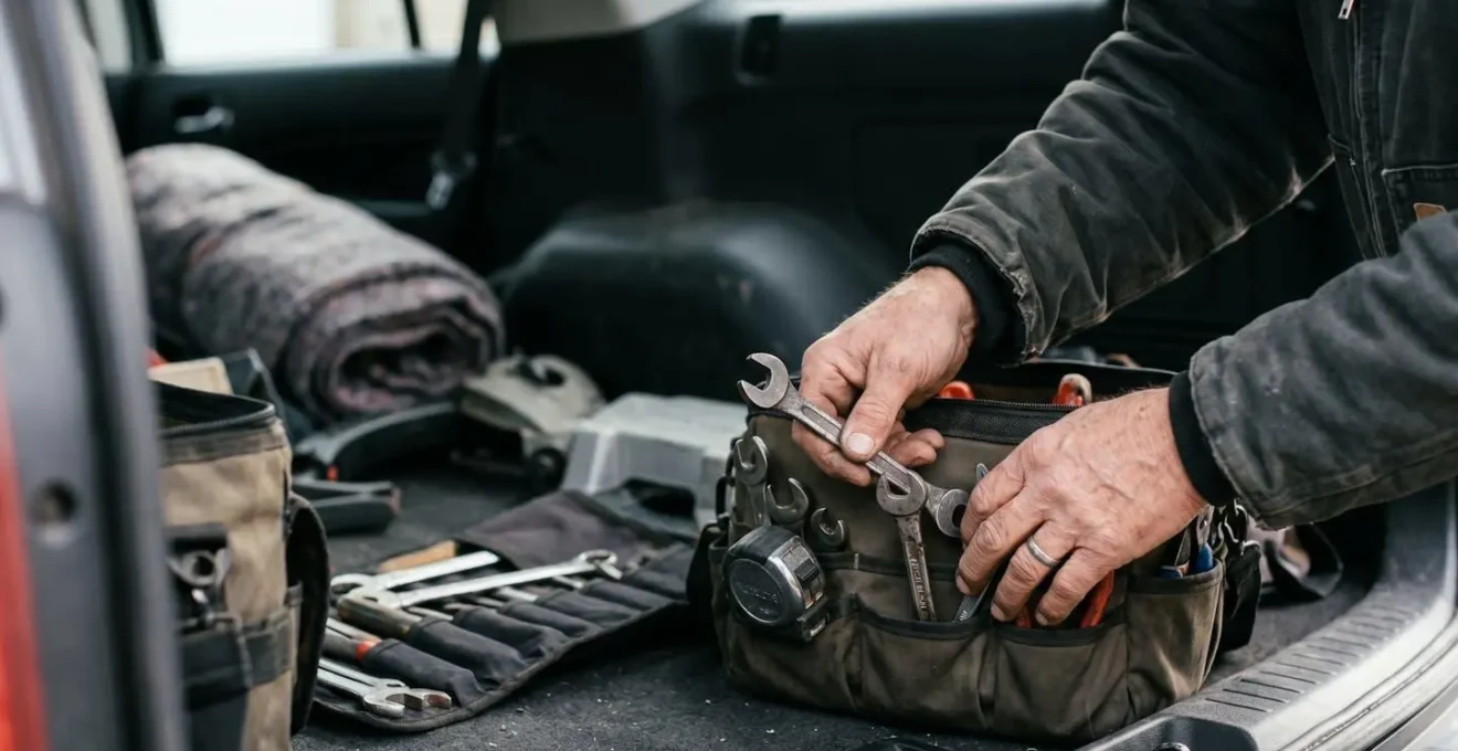 Vue en plongée de mains d'artisan rangeant des outils professionnels dans un coffre de véhicule