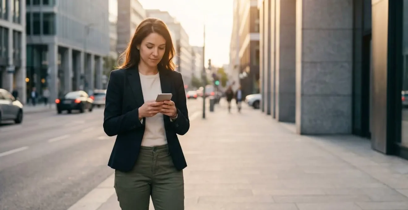 Personne consultant son smartphone dans un environnement urbain moderne avec circulation floue en arrière-plan