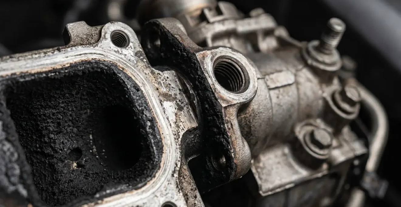 Gros plan détaillé sur composants mécaniques d'un moteur diesel montrant l'accumulation de résidus carbonés