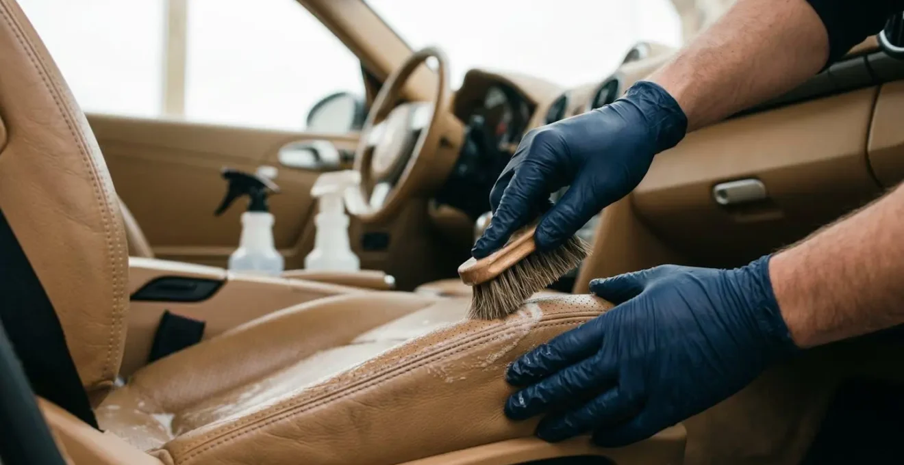 Vue rapprochée d'un professionnel appliquant une technique de nettoyage sur un siège de voiture