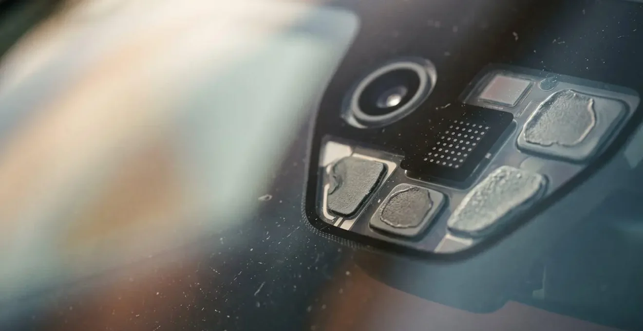 Détail rapproché d'un pare-brise automobile moderne équipé de technologies avancées illustrant le coût élevé de remplacement