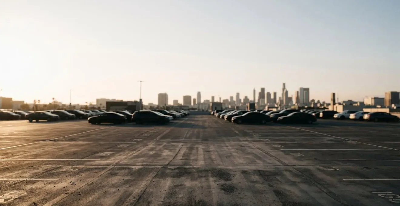 Espace de stationnement en périphérie urbaine avec atmosphère minimaliste et éclairage naturel évoquant la transition modale