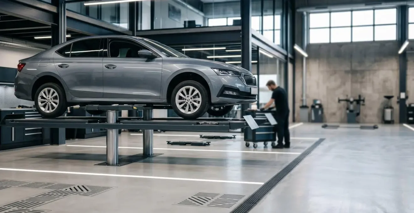Vue d'ensemble d'un véhicule en position d'inspection dans un environnement de garage professionnel, ambiance contrôle technique