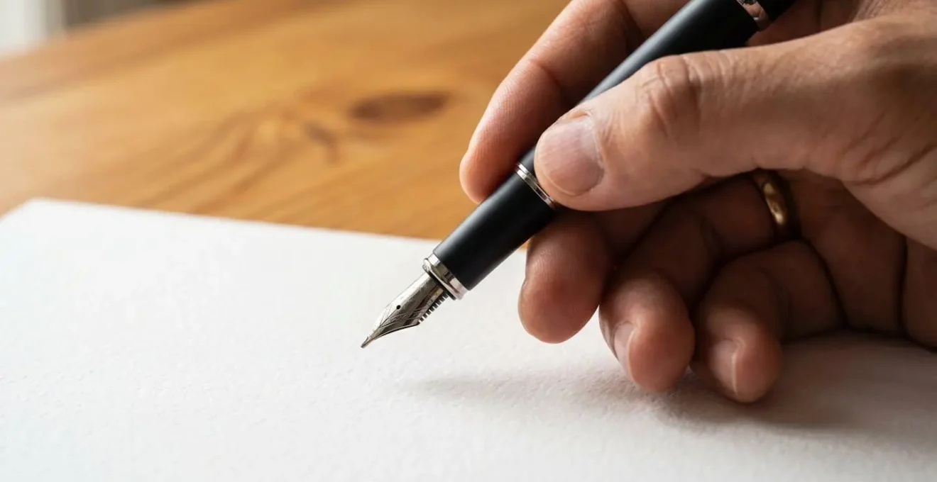 Gros plan d'une main tenant un stylo au-dessus d'un document vierge sur une table en bois
