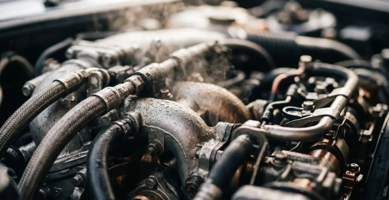 Capot de voiture légèrement ouvert avec vapeur s'échappant indiquant une surchauffe moteur
