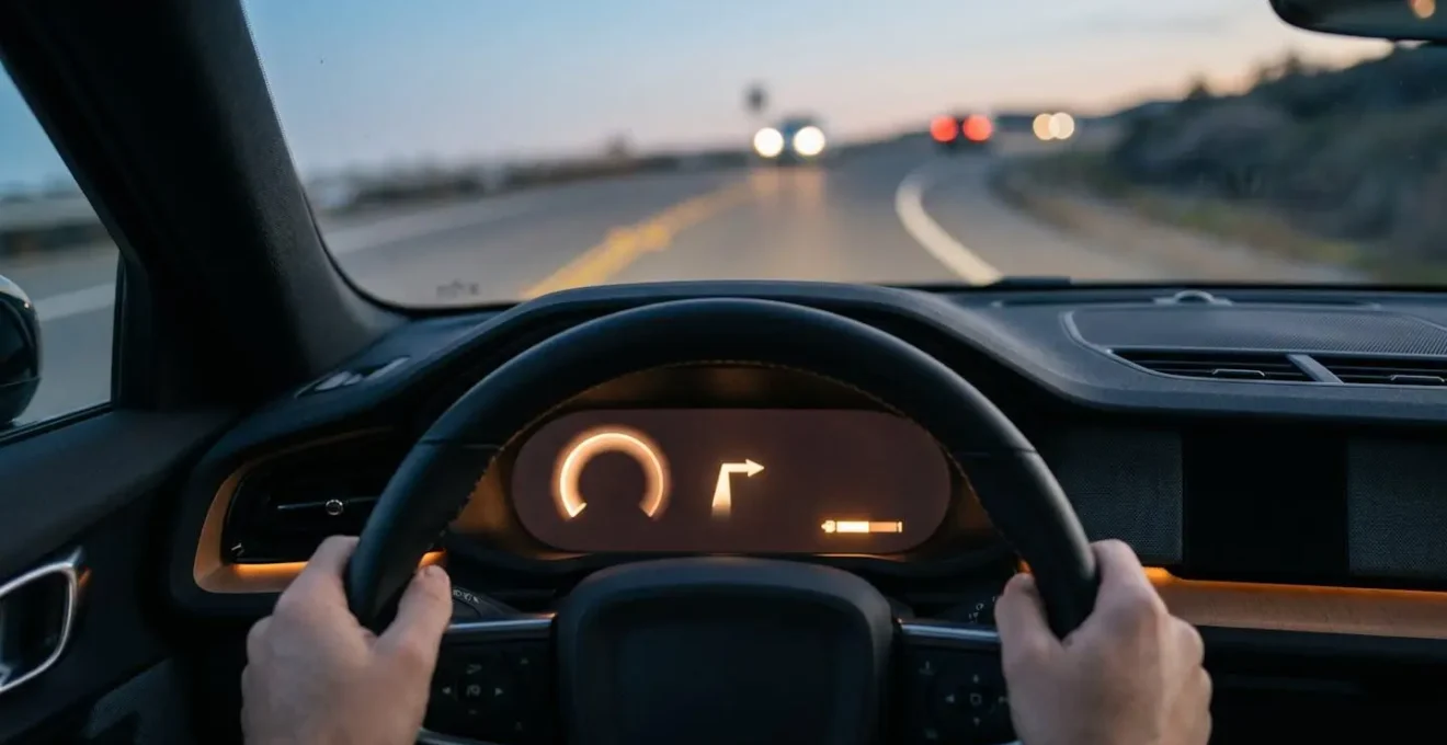 Gros plan d'un tableau de bord automobile épuré affichant uniquement des informations essentielles, avec un éclairage tamisé et une interface simplifiée
