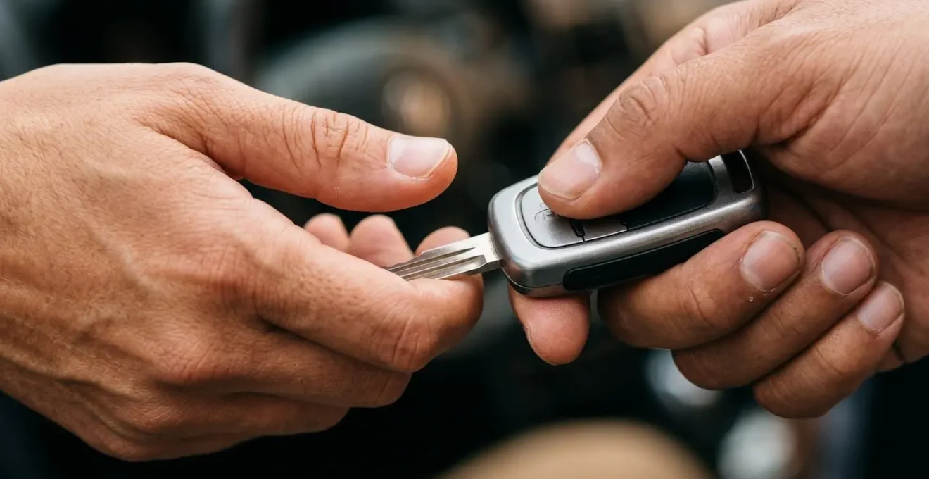 Gros plan sur des mains échangeant des clés de voiture, symbolisant le prêt de véhicule entre conducteurs