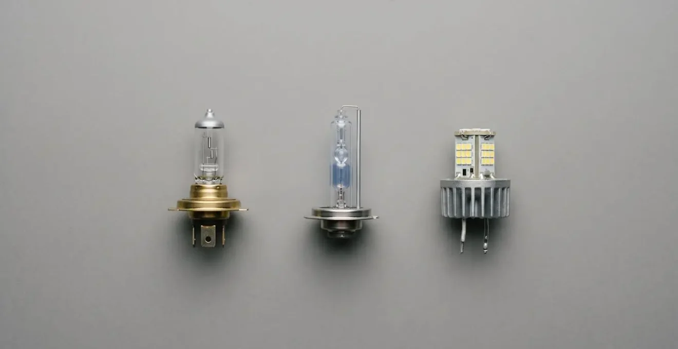 Composition visuelle montrant différentes ampoules automobiles halogène, xénon et LED sur fond neutre