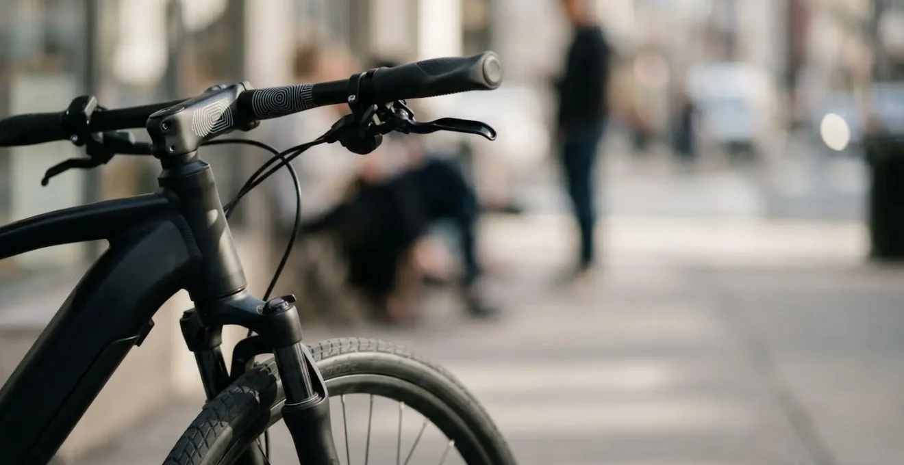 Vélo électrique stationné dans un environnement urbain sobre évoquant la mobilité douce
